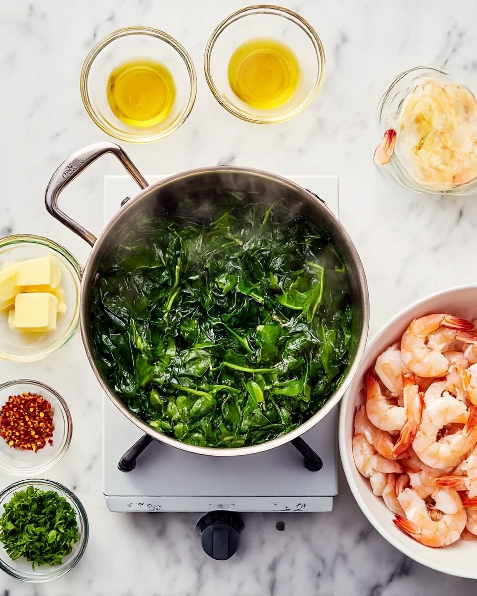 A steaming silver pot sits on a small stovetop burner placed on a white marbled surface, filled with vibrant green spinach leaves cooked down and soft. To the right, a large white bowl holds many light pink peeled shrimp with curled tails. Around the pot and bowl, small clear glass bowls contain butter slices, golden-yellow oil, lemon zest, red chili flakes, and fresh green chopped parsley. The colors and textures highlight fresh cooking ingredients ready to be combined, with soft steam rising from the spinach. Photo taken with an iphone --ar 4:5 --v 7