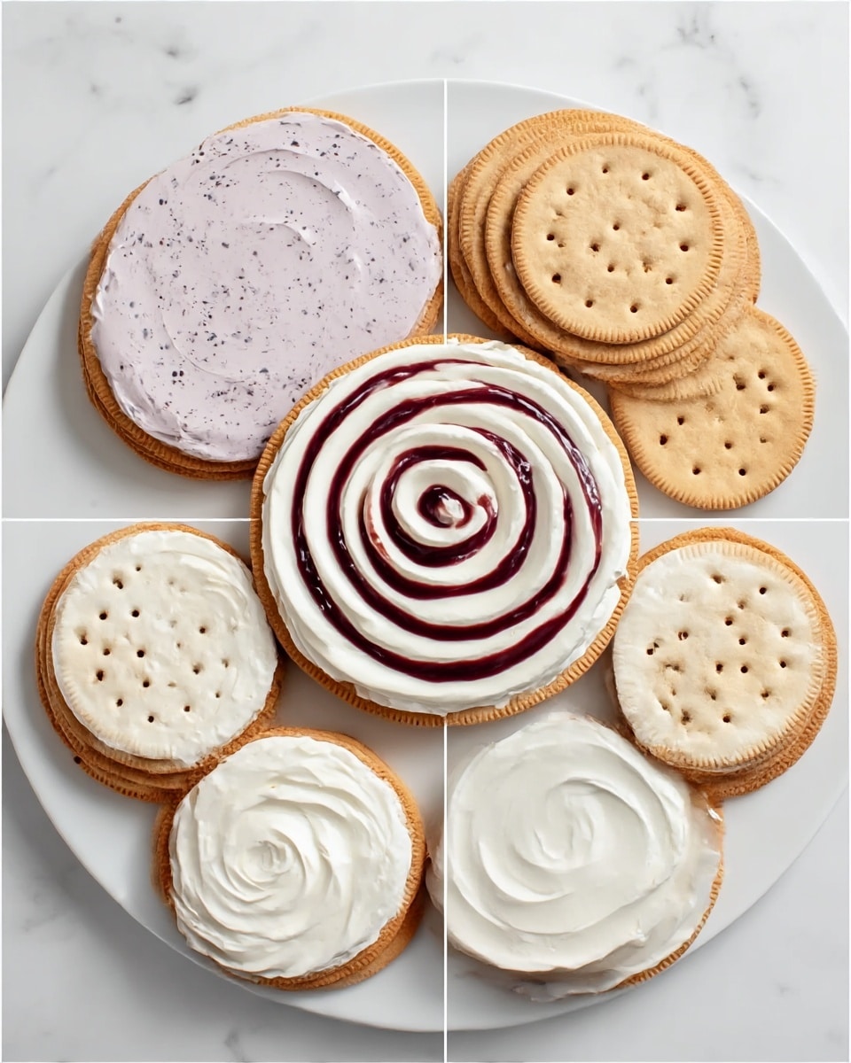 The image shows a step-by-step creation of a layered dessert on a round white plate, placed on a white marbled surface. The first layer is a single round layer of evenly spaced light brown crackers with small holes on top. Over this, a light purple creamy layer with small dark specks is spread in a spiral pattern, covering the crackers completely. The next layer is a smooth spread of the same light purple cream covering the crackers fully. Then, another layer of crackers is added on top in a circular shape, slightly overlapping the layer below. Over these crackers, a thick white creamy layer is spiraled, and then a smooth layer of white cream is spread fully covering the crackers. Following this, a spiral drizzle of dark red sauce is artistically applied on a white creamy layer. Another cracker layer is added on top, with light brown crackers arranged in a circular pattern. Finally, the last layer is a smooth white cream spread evenly over the crackers on the plate. photo taken with an iphone --ar 4:5 --v 7