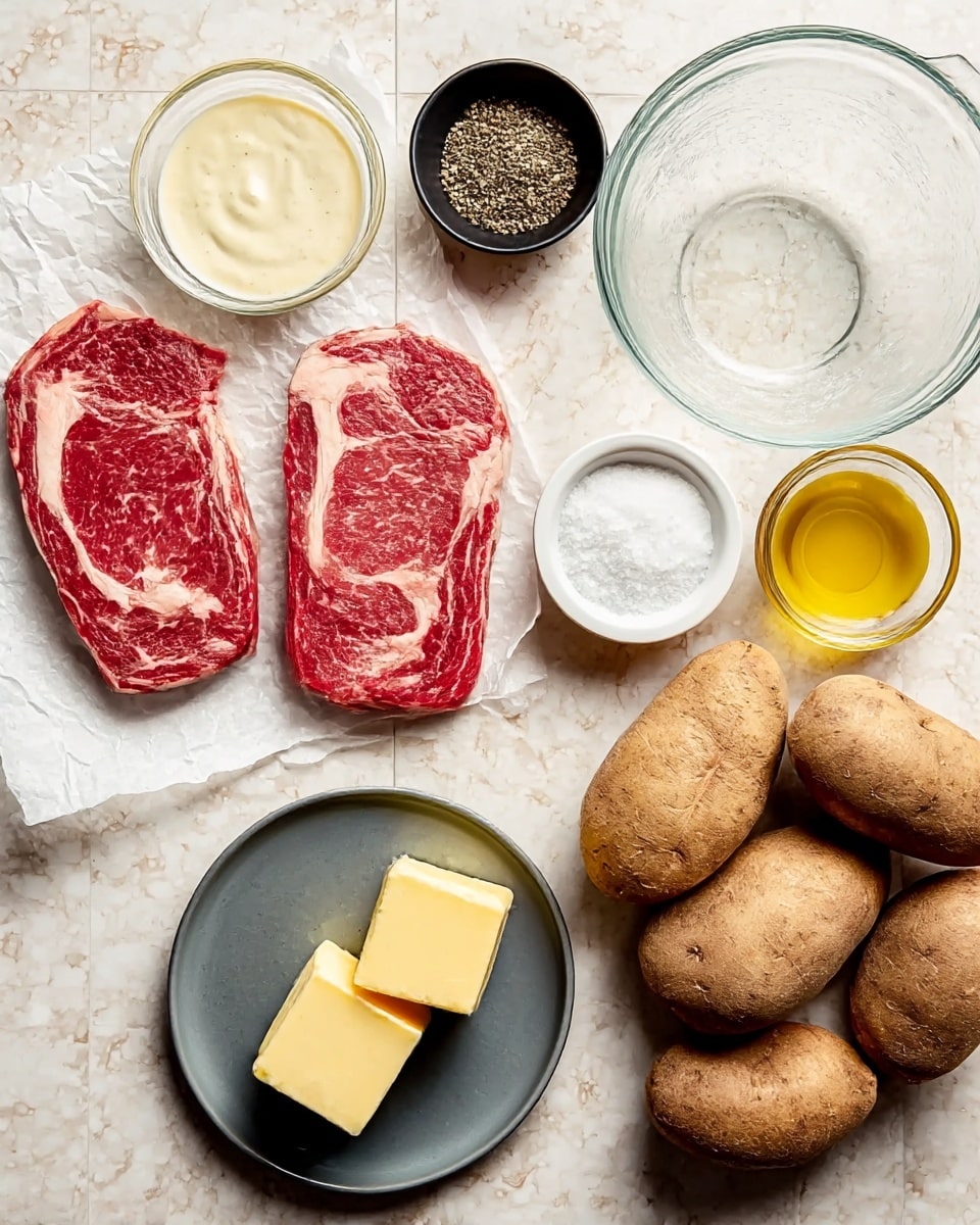 The image shows three raw ribeye steaks with deep red color and white marbling on white parchment paper, placed on the left side. Near them, a small clear glass bowl holds a creamy white sauce with a smooth texture. Above the steaks, there is a small black bowl filled with coarse black pepper. To the right of the steaks, a wooden bowl contains white salt, and next to it, a small white bowl with a yellow liquid, likely oil. Below, a dark grey plate holds three square pieces of pale yellow butter. Toward the right side, three large brown potatoes with a rough skin are placed on a white marbled surface. Above the potatoes, a small white bowl with coarse salt sits next to a large clear glass mixing bowl that is empty. The whole setup is on a white marbled tile background with soft, natural light. photo taken with an iphone --ar 4:5 --v 7