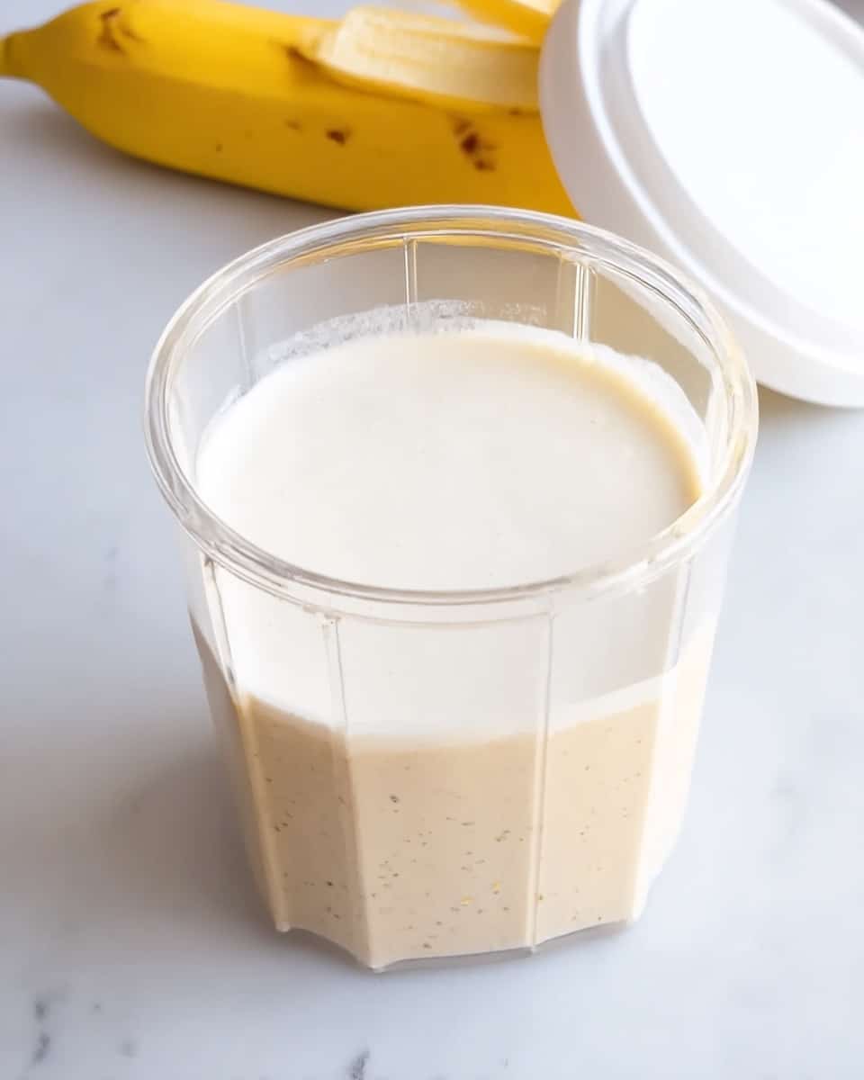The image shows a clear tall container with two layers inside. The bottom layer is light beige with small dark specks, and it fills about one-third of the container. The top layer is thick and white, taking up the remaining two-thirds of the container. The container is placed on a white marbled surface, and in the background to the right, there is a yellow banana with small dark spots. A white container lid lies on the left side, partially visible. Photo taken with an iphone --ar 4:5 --v 7
