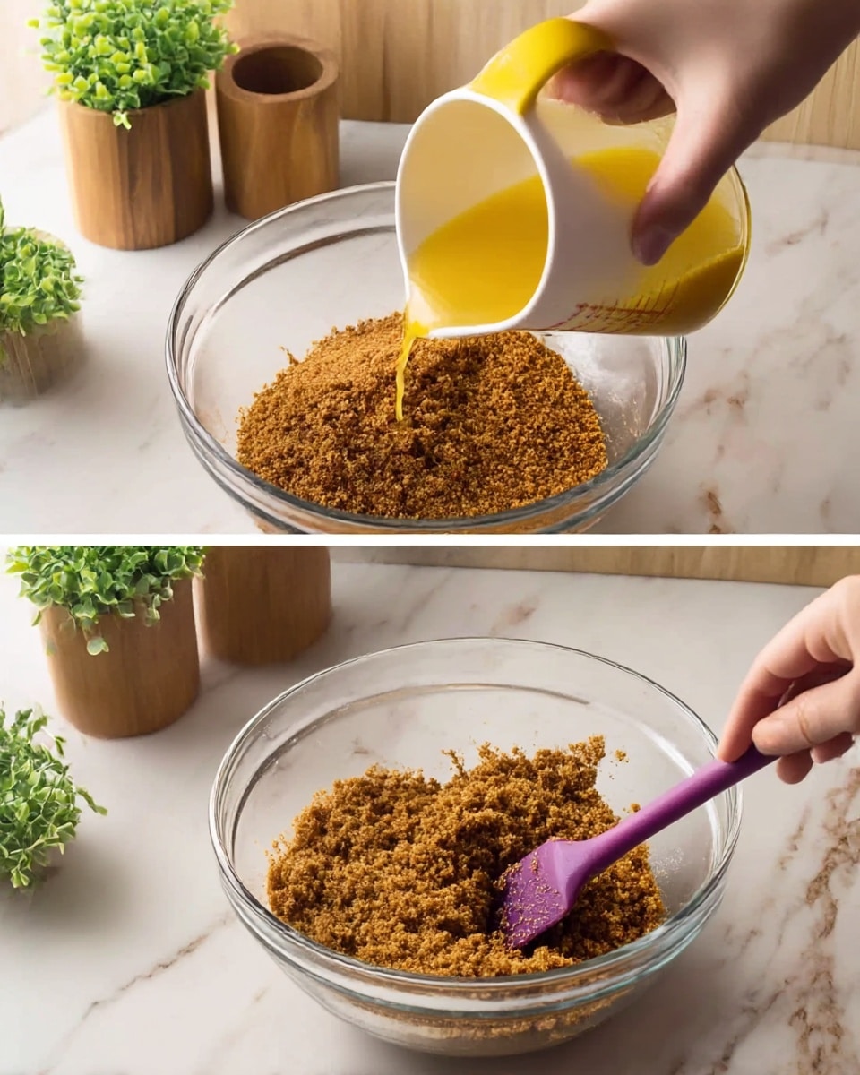 The first image shows a clear glass bowl filled with a layer of brown crushed crumbs with a rough texture. A woman's hand is pouring a yellow liquid mixture from a white measuring cup with a yellow handle into the bowl from above. In the background, there are wooden containers and small green plants placed on a white marbled surface. The second image features the same clear glass bowl now containing a well-mixed brown crumb mixture with a crumbly, dense texture. A woman's hand is holding a purple spatula stirring the mixture inside the bowl. The background remains the same with wooden containers, green plants, and a white marbled surface. Photo taken with an iphone --ar 4:5 --v 7