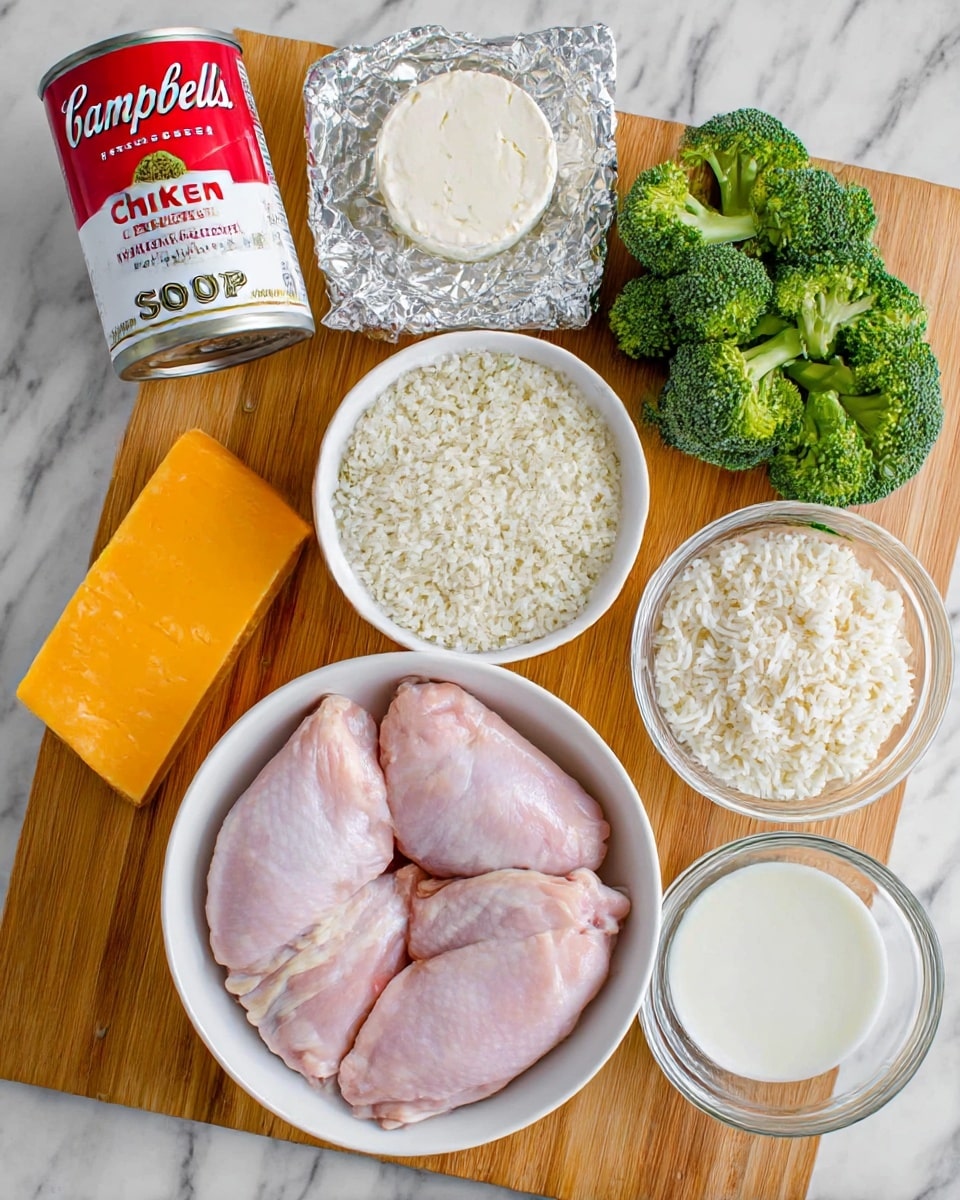 This image shows a top view of several cooking ingredients arranged on a white marbled surface. In the center, there is a white bowl holding five raw chicken thighs with a smooth pink texture. Below it, a white bowl is filled with cooked white rice, the grains slightly sticking together. To the right side of the chicken bowl, there is a small clear glass bowl with a creamy white substance. Above that, fresh green broccoli florets cluster tightly with a bumpy texture. Near the top center, a round piece of soft white herb cheese rests in a crinkled silver foil wrapper. On the left side, a rectangular block of firm orange cheddar cheese adds a bold color, next to a can of Campbell's cream of chicken with herbs soup, which is red and white with text on the label. At the bottom left, a clear glass contains a white liquid, likely cream. All the items are neatly placed on a wooden cutting board that contrasts with the white marbled surface. photo taken with an iphone --ar 4:5 --v 7
