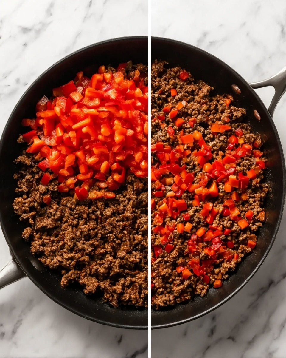 A black pan filled with cooked ground meat that is dark brown and crumbly in texture. On top of the meat in the left side image, there is a pile of bright red chopped bell peppers with a fresh, slightly shiny texture. In the right side image, the bell peppers are mixed evenly through the ground meat, showing small vibrant red pieces spread all over with the dark brown meat underneath. The pan is on a white marbled surface. photo taken with an iphone --ar 4:5 --v 7