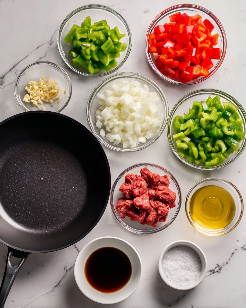 A black empty pan is placed in the center on a white marbled surface. Around the pan are eight small clear bowls with different ingredients: in the top left is chopped red bell pepper, to the top right is chopped green bell pepper, below the red pepper is white chopped onion, next to the green pepper is small pieces of raw red meat. Below the onion is minced garlic in a small bowl, next to that is a bowl with light golden liquid, possibly oil, and below the meat is a clear bowl with a dark soy-like sauce. There are two small white bowls at the bottom, one with white granules, likely salt, and the other with a fine white powder. A woman's hand is not present in the image. Photo taken with an iphone --ar 4:5 --v 7
