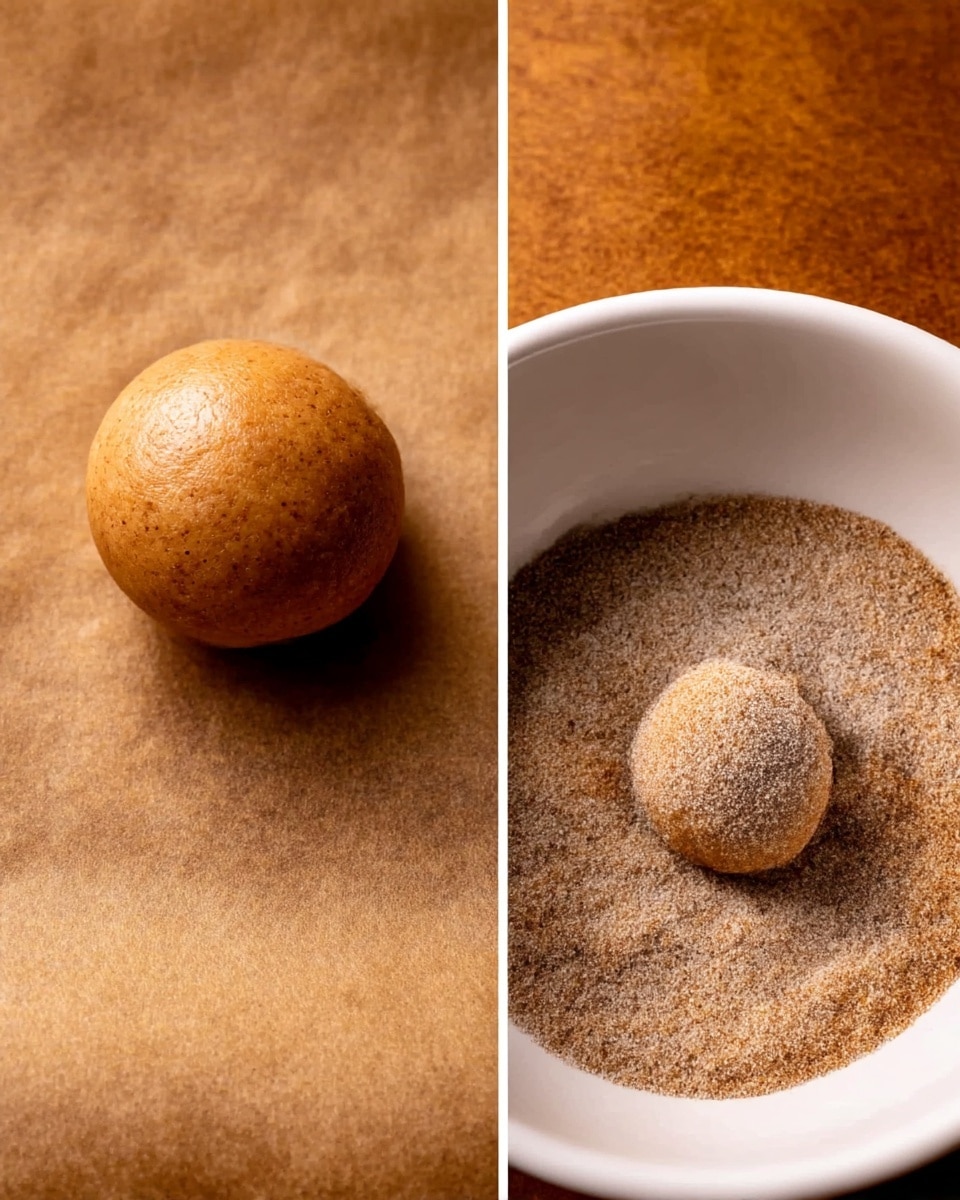 The image on the left shows one round brown dough ball with a smooth texture placed on light brown baking paper, while the image on the right shows the same dough ball being rolled in a white bowl filled with a light tan mixture of sugar and cinnamon that covers the bottom and sides of the bowl evenly. The lighting highlights the soft, slightly shiny surface of the dough ball and the fine grainy texture of the sugar and cinnamon mixture. The background appears to be a warm brown wood, contrasting with the white bowl. photo taken with an iphone --ar 4:5 --v 7