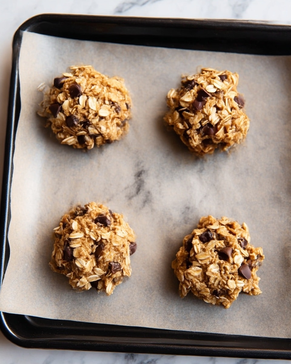 The image shows four cookie dough mounds placed on a baking tray lined with parchment paper. Each dough mound is rough in shape with visible oats and dark chocolate chips spread unevenly throughout. The dough has a light brown color with textures of oats sticking out, giving a chunky and rustic look. The tray is black and the background is a white marbled texture. photo taken with an iphone --ar 4:5 --v 7