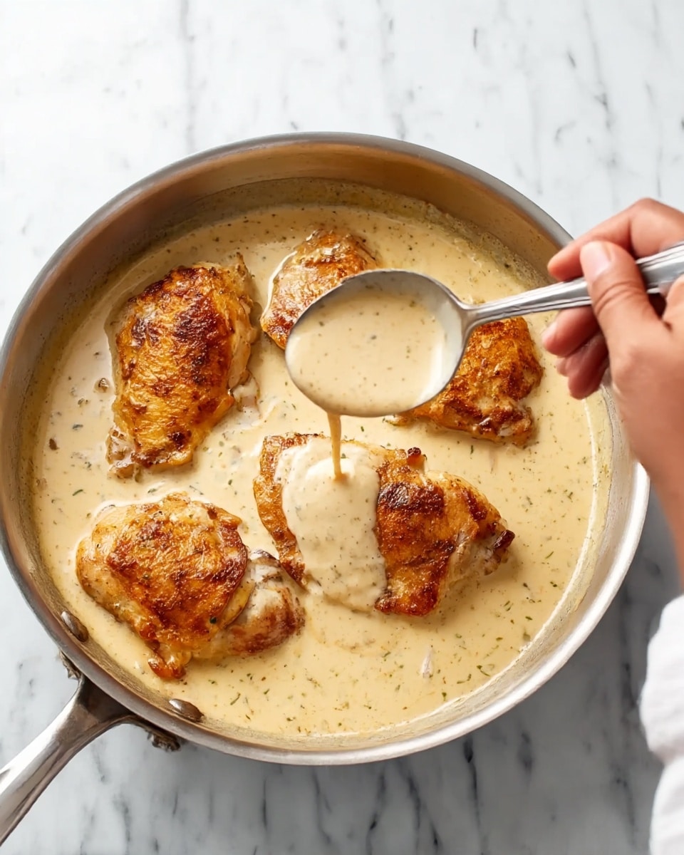 In a silver pan sit four golden-brown pieces of cooked chicken, partially covered by a creamy, light beige sauce that has a smooth texture. A woman's hand holds a silver spoon, lifting some of the sauce to pour over one piece of chicken, adding a glossy finish. The pan is placed on a white marbled surface, and the lighting highlights the rich color contrast between the browned chicken and the pale sauce. photo taken with an iphone --ar 4:5 --v 7