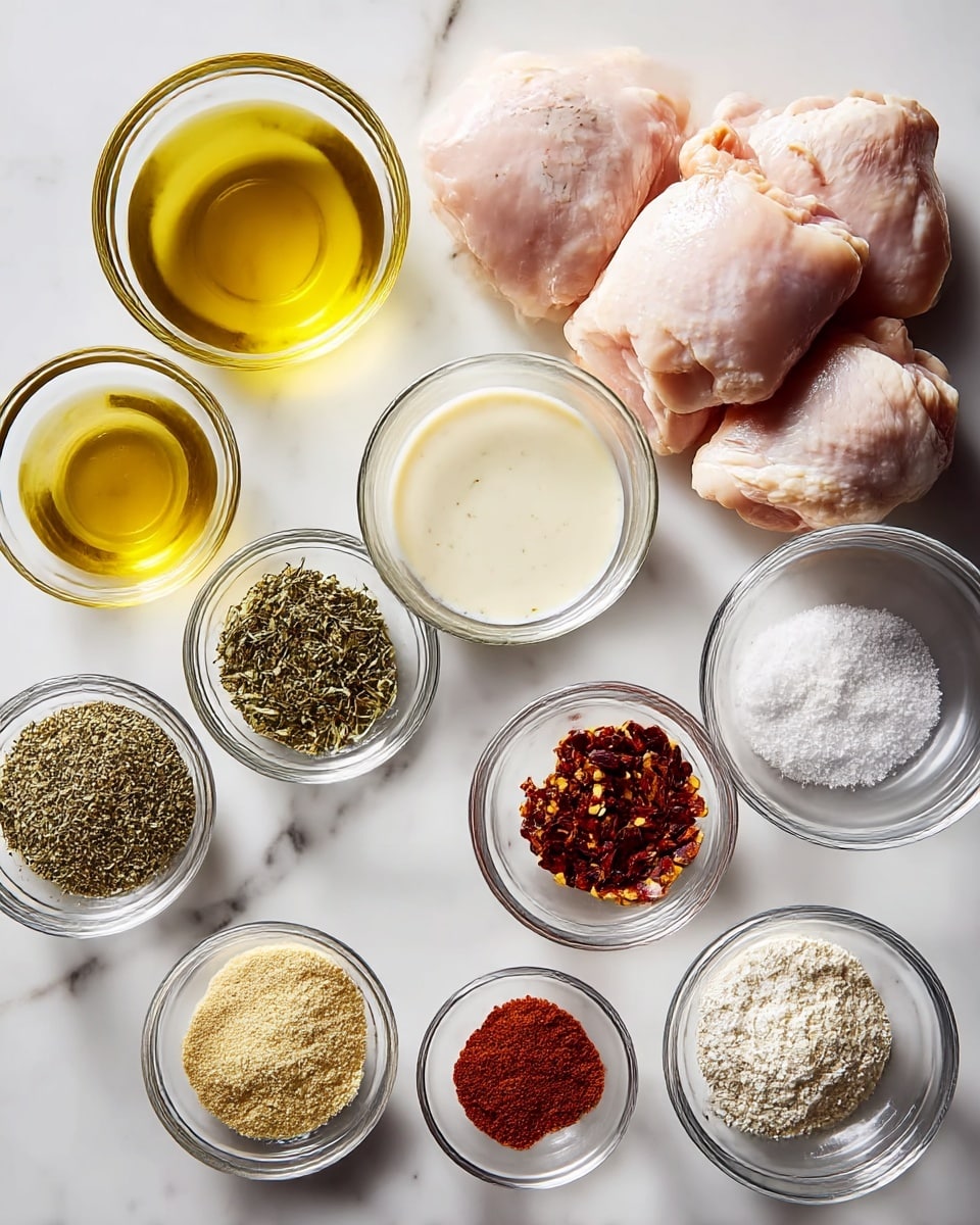 The image shows raw chicken thighs placed on a white marbled surface, with nine small clear glass bowls arranged around them. Each bowl contains different ingredients: one has a light yellow oil, another holds a creamy white liquid with specks of herbs, one has a mix of dried green herbs, another with red chili flakes, and one with white flour. There are also bowls with fine white salt, a yellowish liquid, light beige powder, and a mix of black and white spices. The arrangement is neat and evenly spaced, showing all ingredients clearly. photo taken with an iphone --ar 4:5 --v 7