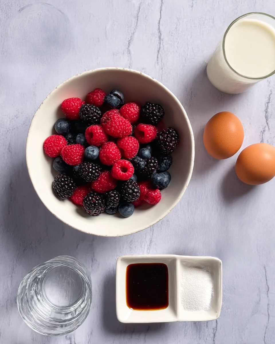 A white bowl filled with mixed berries including red raspberries, blackberries, and blueberries sits in the center on a white marbled surface. Around the bowl are three brown eggs positioned to the right, a small white dish containing two sections with dark syrup and white powder in the bottom center, a clear glass of water on the bottom left, a white bowl of sugar on the top left, and a clear glass of milk on the top right. The scene is simple and clean with no other objects in view. Photo taken with an iphone --ar 4:5 --v 7