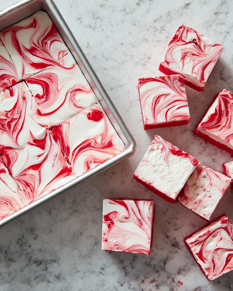 The image shows two sections: on the left, a square baking pan filled with white marshmallow base swirled with bright red syrup in a marbled pattern, creating a mix of smooth, creamy white and deep red lines with a glossy texture; on the right, the marshmallow is cut into small square pieces with the same white and red marbled pattern visible on the edges and tops, each piece showing fluffy, soft texture and a dusting of powder on a white marbled surface. photo taken with an iphone --ar 4:5 --v 7