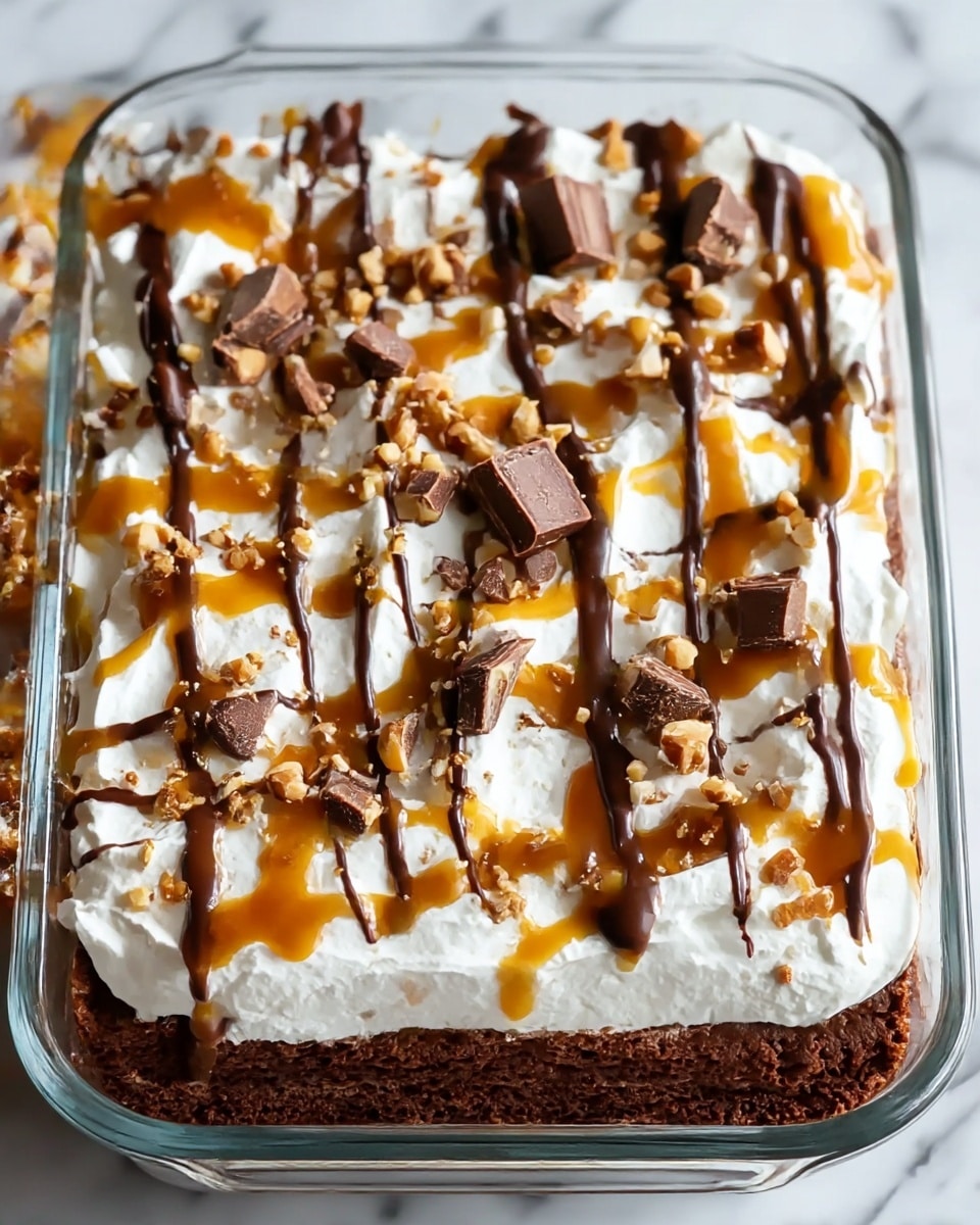 This dessert is shown in a clear glass rectangular dish with four layers. The bottom layer is a thick, dark brown chocolate cake base with a soft texture. Above that is a fluffy, white whipped cream layer with a smooth and airy look. On top of the whipped cream, golden caramel sauce is drizzled unevenly, creating shiny streaks. Dark chocolate sauce is also drizzled over in lines, adding contrast to the light layer below. Finally, small chunks of chocolate candy and crushed nuts are scattered on the top, adding texture and color variety. The dish is placed on a white marbled surface. Photo taken with an iphone --ar 4:5 --v 7