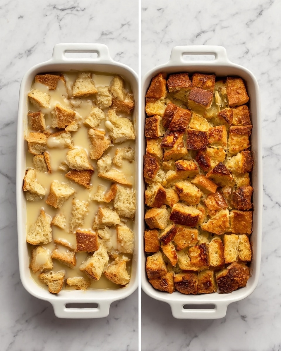 The image shows a white rectangular baking dish with two states of a bread pudding dish on a white marbled surface. The left side of the dish is filled with a mixture of bread chunks soaked in a creamy liquid, with soft and pale bread pieces that look wet and smooth. The bread pieces are uneven in size and fill the dish fully. The right side of the same dish shows the baked version of the pudding, where the bread chunks have turned golden brown and some edges are darker and crisp. The surface looks textured with a mix of soft and toasted bits, creating a warm, baked appearance. photo taken with an iphone --ar 4:5 --v 7