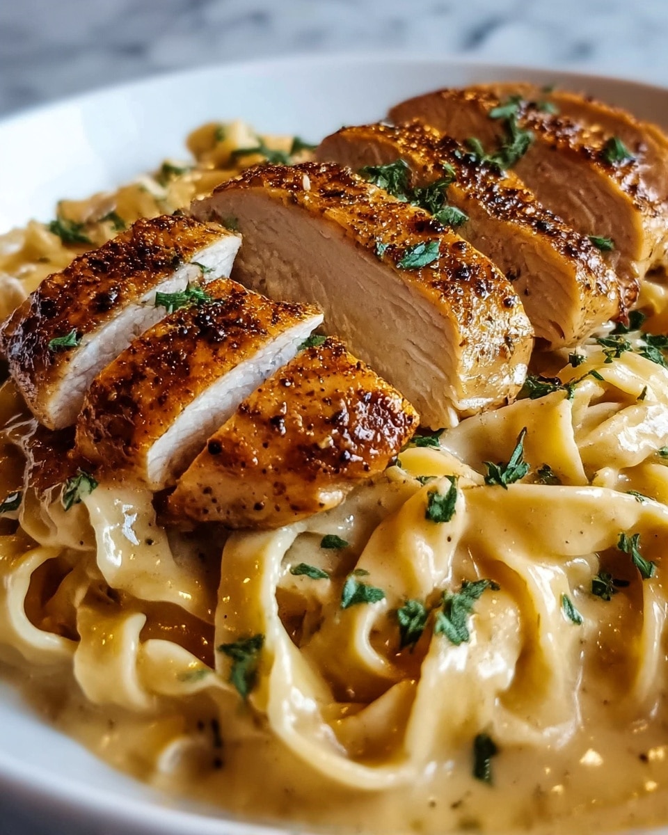 A white plate holds a dish with three main layers: the bottom layer is creamy fettuccine pasta with a smooth, pale yellow sauce that looks rich and shiny, filling the plate evenly; on top of the pasta lies a sliced chicken with a golden-brown, slightly crispy skin sprinkled with black pepper and small green herb bits, showing the tender white inside of the meat; scattered green herbs are sprinkled over the chicken and pasta for color contrast. The background is a white marbled surface. Photo taken with an iphone --ar 4:5 --v 7