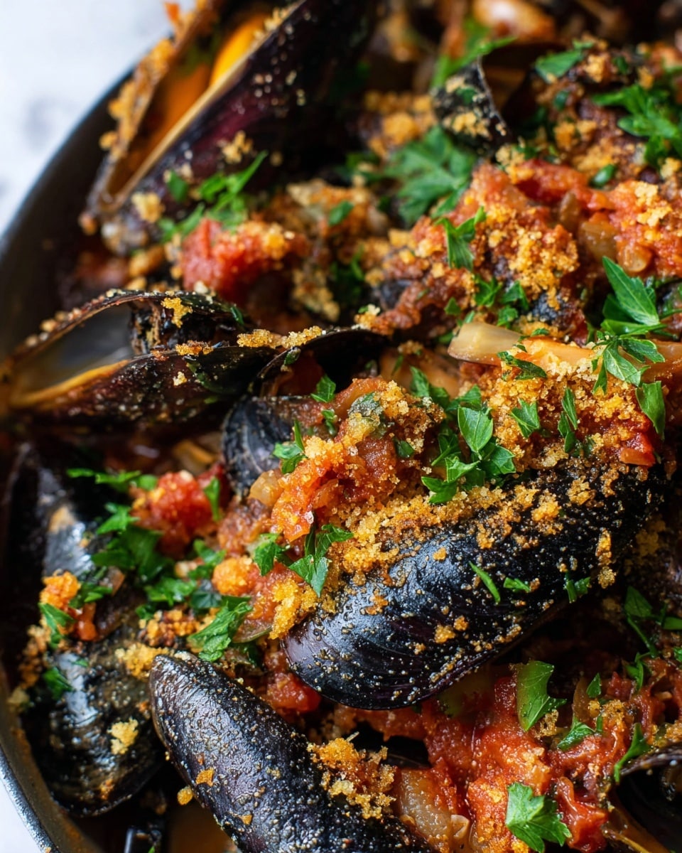 This close-up image shows a dish with several layers. The base layer consists of dark blue-black mussel shells with rough textured surfaces. On top of these shells is a thick layer of chunky red tomato pieces mixed with small bits of pale cooked onions. Sprinkled all over is a golden-brown crumb topping that looks crunchy. Fresh green parsley pieces are scattered throughout, adding a bright contrast. The dish is placed on a white marbled surface. photo taken with an iphone --ar 4:5 --v 7