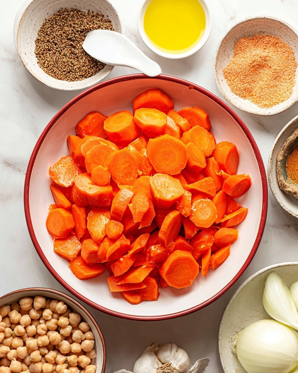 The image shows a large white bowl with a red rim filled with bright orange carrot pieces, sliced into thick round and diagonal shapes, creating a textured and vibrant central layer. Surrounding the bowl, there are smaller white bowls on a white marbled surface: one with light brown chickpeas in the bottom left, a bowl with a dark brown grainy mixture and a white spoon in the top left, a small bowl of yellow oil directly above the carrot bowl, a small bowl with a light brown fine powder in the top right, a bowl containing a white garlic cloves cluster in the bottom left, and a bowl with white onion slices just below the carrot bowl. The overall brightness and clarity highlight the fresh and natural texture of each ingredient. photo taken with an iphone --ar 4:5 --v 7