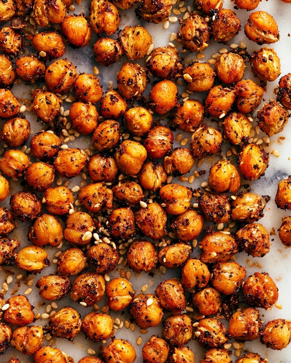 Golden brown roasted chickpeas are spread closely across a white marbled surface, each chickpea coated with a mix of dark spices and seeds, giving a speckled texture. The chickpeas vary slightly in size, their crispy skins showing a mix of warm orange and brown hues with some rough, charred edges. Scattered light-colored sesame seeds add small sharp contrasts to the mostly warm color palette. The image fills the frame fully with the crunchy roasted chickpeas, showing rich seasoning and a crispy appearance. photo taken with an iphone --ar 4:5 --v 7