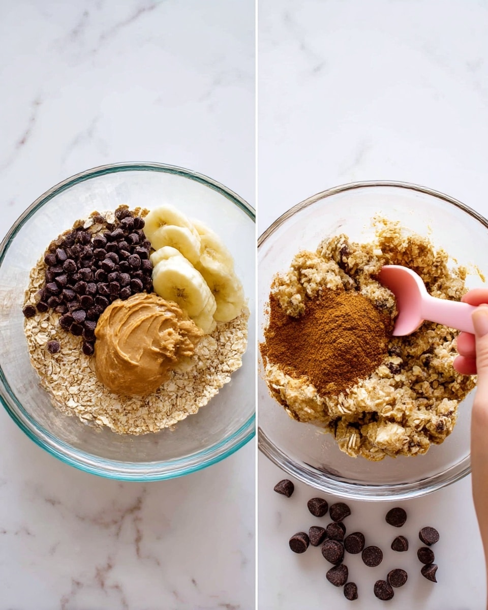 The image shows two glass bowls on a white marbled surface, both containing ingredients for a snack mix. In the left bowl, there are five layers: the bottom layer is light brown oats, topped with dark brown chocolate chips on the upper right, smooth light brown peanut butter on the left, mashed yellow bananas in the center, and a mound of ground cinnamon to the right of the bananas. A light pink spoon rests against the bowl’s edge. In the right bowl, the ingredients are mixed, showing a chunky textured mixture with visible oats and scattered chocolate chips. A woman’s hand holds the pink spoon inside the bowl. Dark brown chocolate chips are scattered on the marbled surface near the bowls. Photo taken with an iphone --ar 4:5 --v 7
