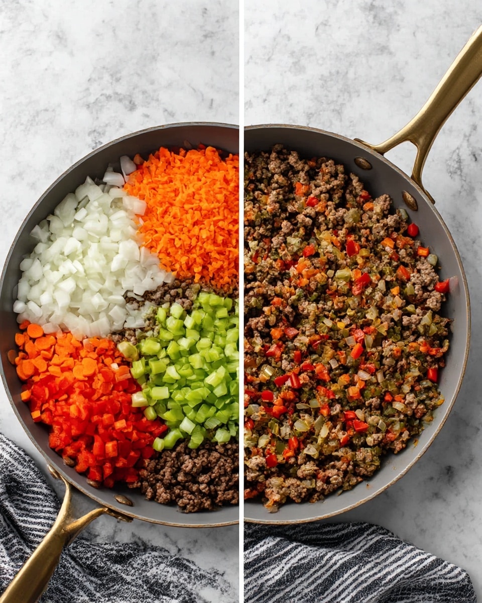 The image shows two side-by-side views of a gray pan with a gold handle on a white marbled surface. The left side displays layers of ingredients before mixing: a base of cooked brown ground meat at the bottom, topped with neatly placed chopped white onion, bright orange grated carrot, light green sliced celery, and chopped red bell pepper in separate sections. The right side shows the same ingredients mixed together into a colorful blend of brown meat, orange, red, green, and white bits evenly spread throughout the pan. There is a black and white striped cloth near the pan's handle. Photo taken with an iphone --ar 4:5 --v 7