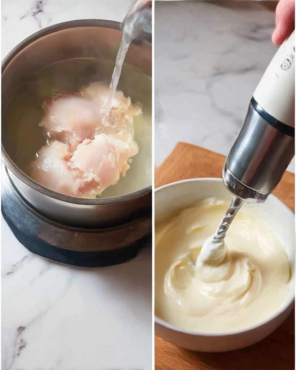 The left image shows a silver pot filled with water and raw chicken being placed inside it, with steam rising from the boiling water. The woman's hand is holding the lid while pouring in hot water. The right image features a white bowl on a wooden surface filled with creamy white mixture being blended by a metal immersion blender from the top. The mixture looks smooth and thick. Both images have a kitchen setting with a white marbled surface visible in parts. photo taken with an iphone --ar 4:5 --v 7