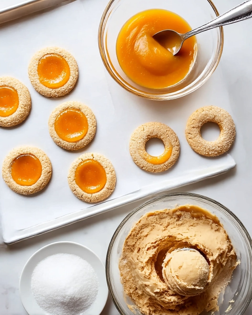 The image shows a baking scene on a white marbled surface with a white tray lined with parchment paper holding six round cookies. Five cookies have a thick, bright orange jam layer in the center, and one cookie is empty with a hollow center. Above the tray, there is a clear glass bowl filled with smooth orange jam, with a spoon placed inside. Below the tray is a large clear glass bowl filled with light brown dough, and an ice cream scoop is resting in it. At the bottom of the image, a white plate holds a mound of white sugar. The colors are warm and creamy, with a mix of orange, light brown, and white tones. Photo taken with an iphone --ar 4:5 --v 7