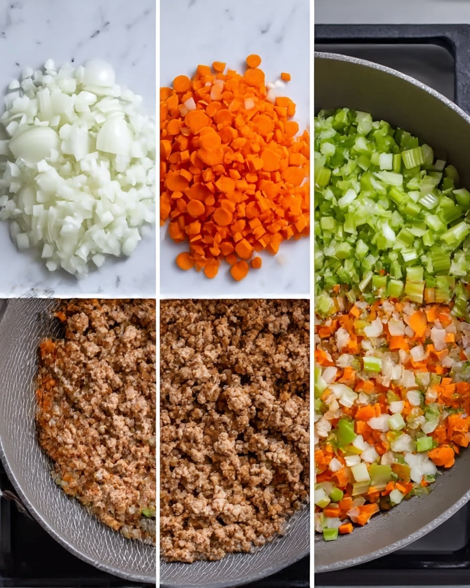 The image shows three side-by-side views of food preparation on a white marbled surface. The first section displays three piles of diced vegetables arranged horizontally: white onions on top, bright orange carrots in the middle, and light green celery at the bottom. The second section features a close-up of browned ground meat cooking in a gray pan with a textured surface on a stove. The meat has a mix of light and dark brown tones, showing both cooked and slightly crisped parts. The third section shows the same gray pan on the stove filled with the diced onions, carrots, and celery layered together, presenting a mix of white, orange, and green colors evenly spread. Photo taken with an iphone --ar 4:5 --v 7