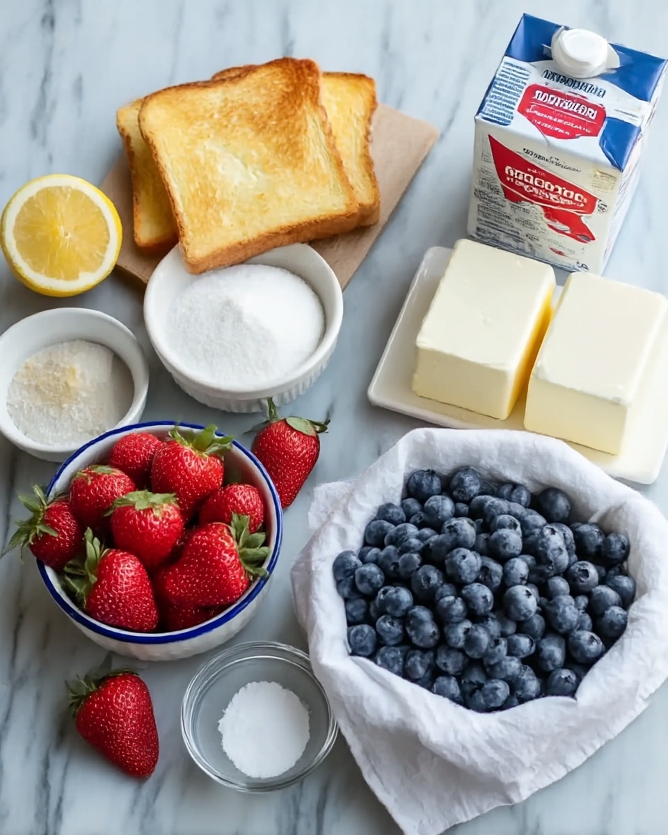The image shows ingredients for a dessert arranged on a white marbled surface. On the left, there are two slices of toasted bread stacked slightly on top of each other with a lemon half nearby. Next to the bread, there is a small white bowl filled with white sugar and a blue-rimmed white bowl full of fresh red strawberries with green leaves. To the right, a white bowl lined with a white cloth holds a large pile of fresh blue blueberries. Above the bowls, two blocks of white butter sit side by side near a small carton of cream with a red and blue label. A small glass bowl with white salt is also present near the lemon. The scene is well-lit and clear, showing fresh, colorful ingredients photo taken with an iphone --ar 4:5 --v 7