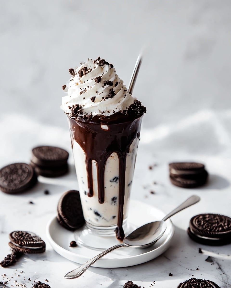 A tall clear glass filled with three main layers: at the bottom, a light creamy mixture with small dark cookie pieces; in the middle, thick dark chocolate sauce dripping slightly down the sides; and on top, a big swirl of white whipped cream sprinkled with crushed dark cookie crumbs. A silver metal straw is placed inside the glass, leaning toward the right. The glass sits on a small white plate with a silver spoon resting next to it. Around the plate on a white marbled surface are whole dark chocolate sandwich cookies and broken cookie pieces scattered casually, with soft natural light illuminating the scene. Photo taken with an iphone --ar 4:5 --v 7