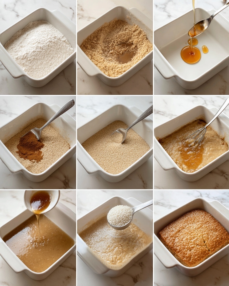 A sequence of nine images shows the process of making a batter in a white square dish on a white marbled surface. The first image has layers of white flour, brown sugar, and spices sitting separately. The second shows the dry ingredients mixed into a light beige powder with a fork inside. The third image adds pools of honey, syrup, and a small amount of liquid on top of the dry mixture. The fourth shows water being poured into the dish. The fifth captures the fork stirring, partially mixing the wet and dry parts. The sixth shows the smooth, light brown batter filling the dish. The seventh is the dish filled with batter placed inside an oven. The eighth shows a spoon lifting white, coarse grains from a bowl. The ninth reveals the baked, golden-brown cake with a spongy texture in the white dish. Photo taken with an iphone --ar 4:5 --v 7