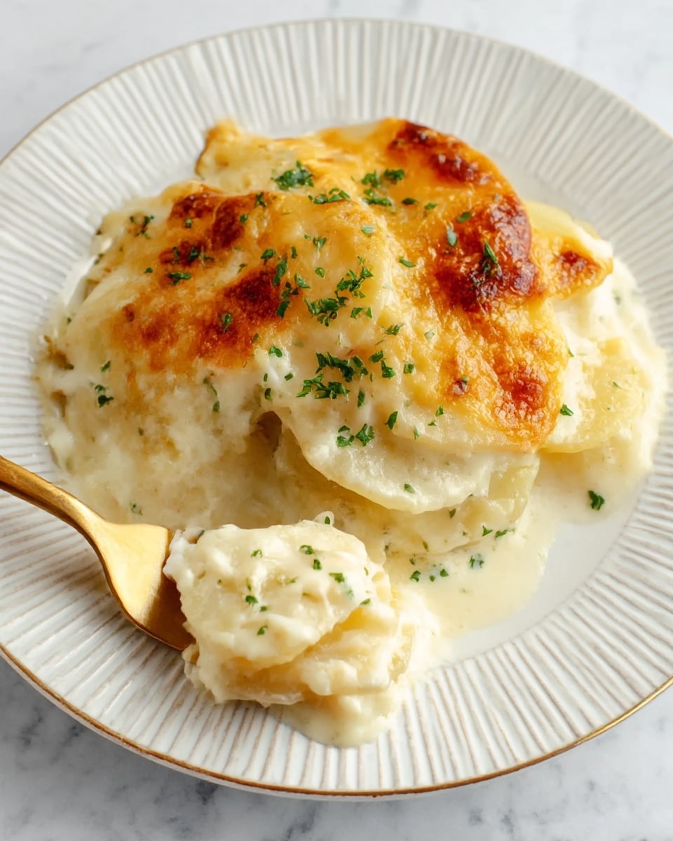 This image shows a close-up of creamy scalloped potatoes served on a white plate with light ridges along the edge. The dish has multiple thin layers of soft, pale yellow potato slices covered with a rich, creamy white sauce that looks smooth and slightly cheesy. On top, there is a browned, golden cheese crust with small bits of green herbs sprinkled across for color. A gold fork holds a scoop of the potatoes and sauce, breaking through the soft layers at the bottom left of the plate. The background features a white marbled texture. Photo taken with an iphone --ar 4:5 --v 7