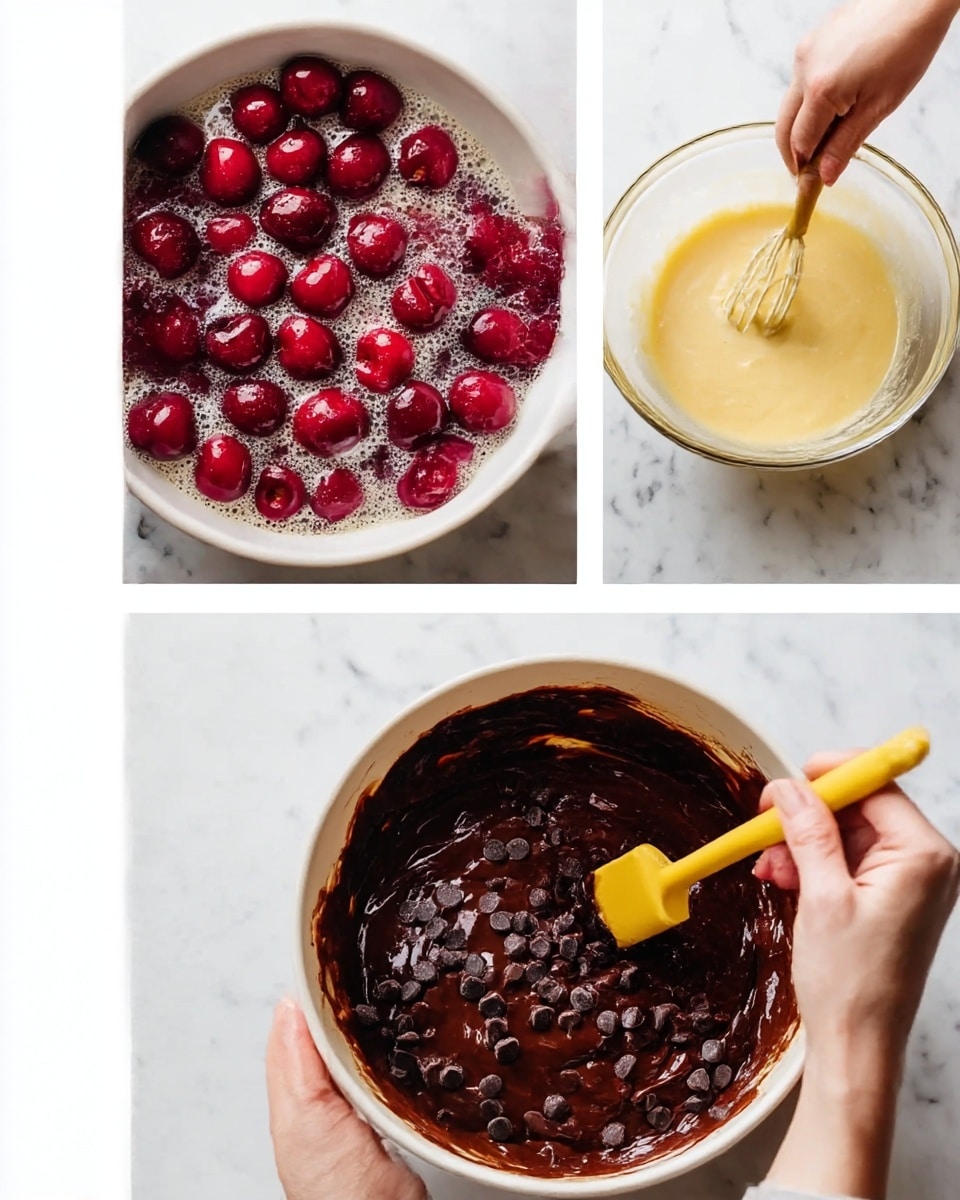 The first image shows bright red cherries with a shiny, wet texture scattered over a light bubbly batter in a white bowl. The second image presents a pair of woman's hands holding a glass bowl with a smooth, pale yellow batter being stirred by a yellow spatula, all set on a white marbled surface. The third image depicts a mixing bowl filled with thick dark brown chocolate batter with many small dark chocolate chips on top, and a yellow spatula partially mixed in, also on a white marbled background. Photo taken with an iphone --ar 4:5 --v 7