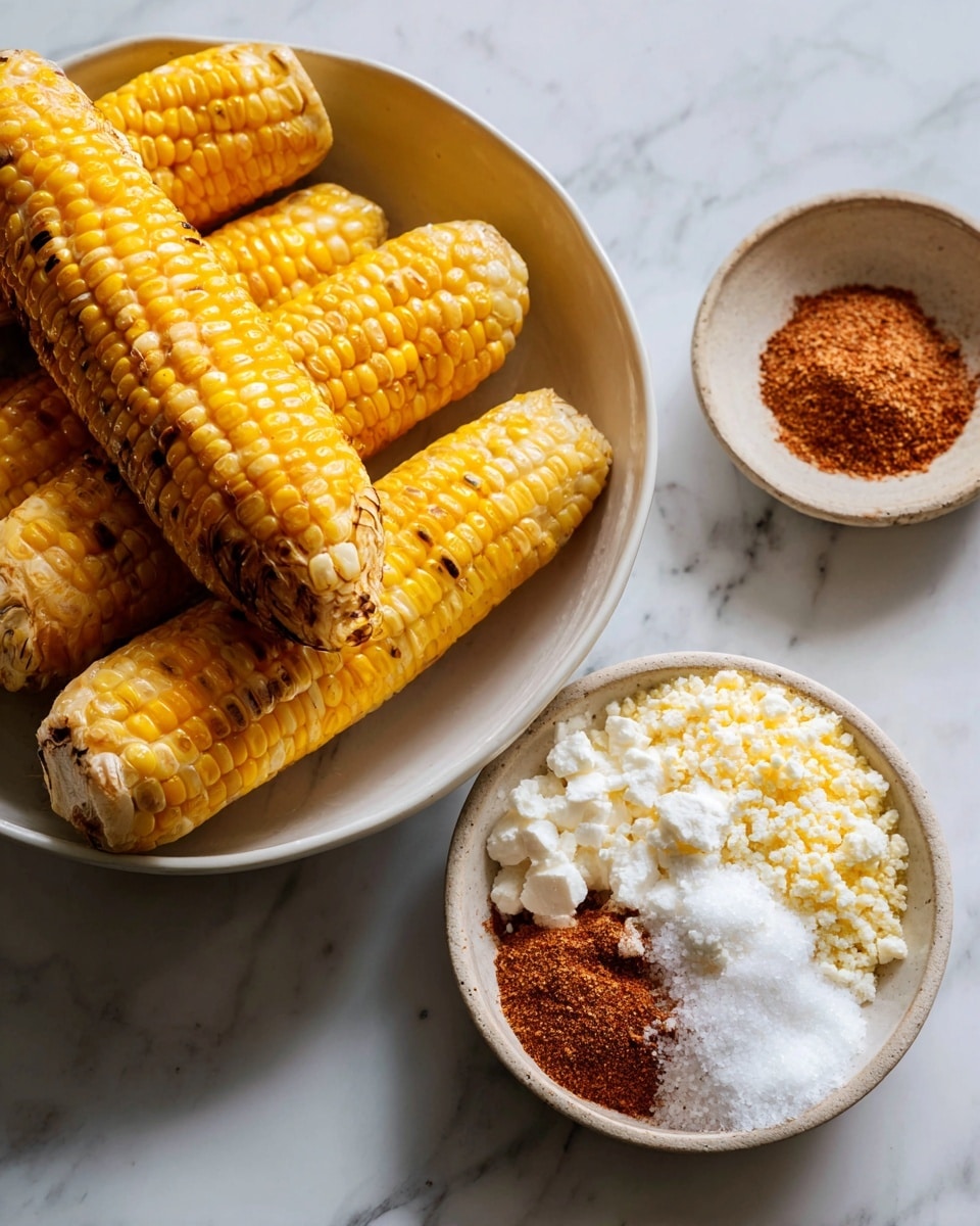 The image shows two parts: on the left, several pieces of corn on the cob with yellow and pale yellow kernels are grilling with smoke rising around them, giving a hot and fresh feeling; on the right, a dark bowl contains raw yellow corn kernels arranged in different sections along with white creamy sauce, crumbled white cheese, and a pile of reddish-brown spices, all neatly placed next to each other on a white marbled surface photo taken with an iphone --ar 4:5 --v 7