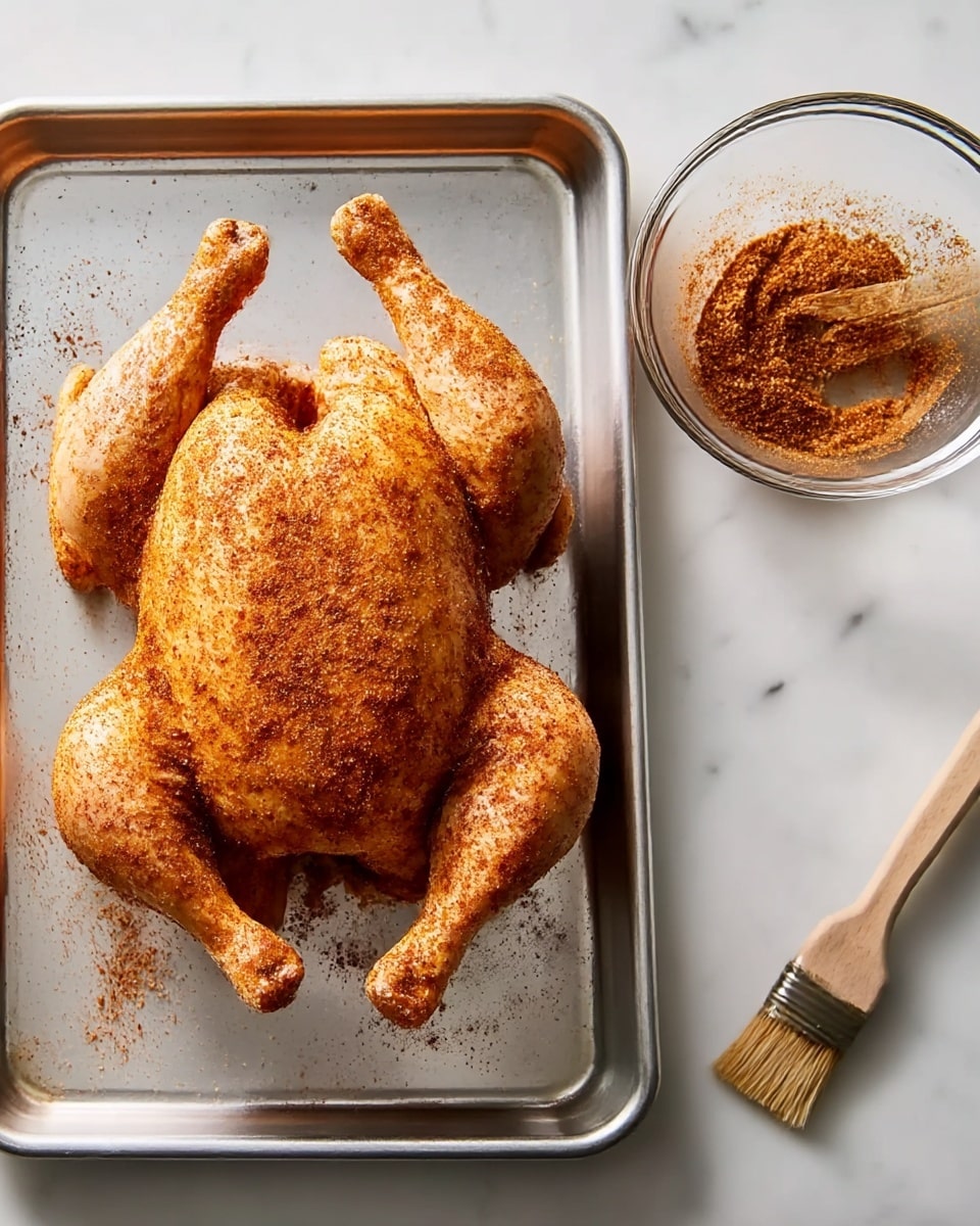 A whole raw chicken lies on a silver metal tray with its legs crossed and wings spread, covered evenly with a reddish-brown spice rub giving it a textured, slightly rough look. To the right, there is a clear glass bowl that contains leftover reddish-brown spice mixture, with a wooden brush resting inside. The scene is set on a white marbled surface, highlighting the contrast between the spices, the raw chicken, and the shiny metal tray. Photo taken with an iphone --ar 4:5 --v 7