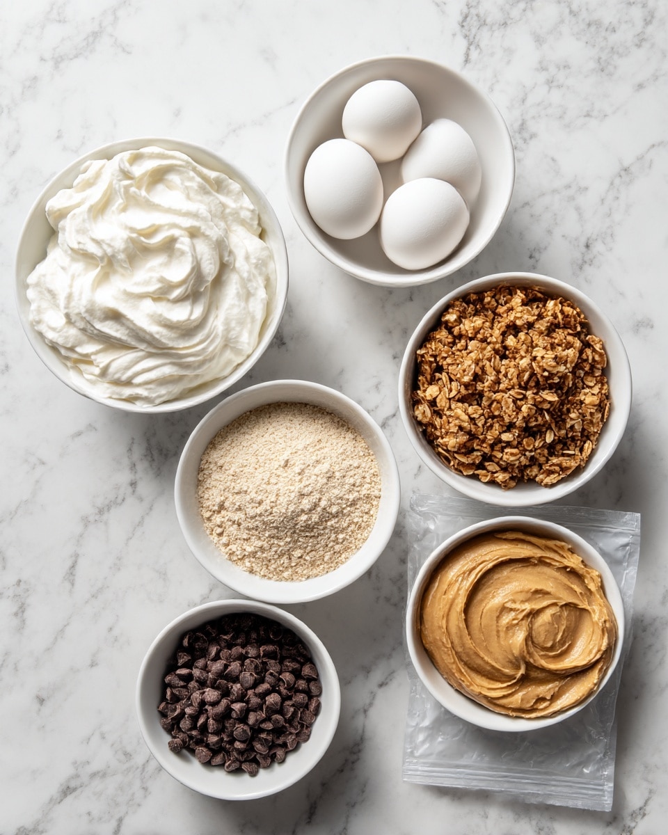 The image shows six white bowls arranged on a white marbled surface. The top left bowl holds fluffy, white whipped cream with soft swirls on top. To the right is a small white bowl with two round white eggs. Below that is a medium white bowl filled with crunchy, brown granola, featuring clusters and bits of nuts. Below, a large white bowl contains light beige protein powder with a fine, powdery texture. At the bottom left, a small white bowl contains small, dark brown chocolate chips, smooth and shiny. Finally, a medium white bowl at the bottom holds creamy, light brown peanut butter with a smooth surface and slight swirls. A white package labeled