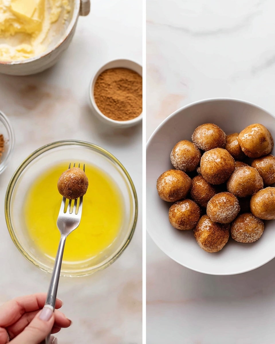 The left side shows a close-up of a woman's hand holding a small ball of dough on a fork above a small glass bowl filled with yellow melted butter, with a larger bowl of dough partially visible at the top left and a bowl of brown cinnamon sugar powder at the bottom right, all set on a white marbled surface. The right side shows a white bowl filled with evenly spaced brown small dough balls, coated with cinnamon sugar, resting inside with some yellow melted butter visible at the bottom, also placed on a white marbled background. photo taken with an iphone --ar 4:5 --v 7