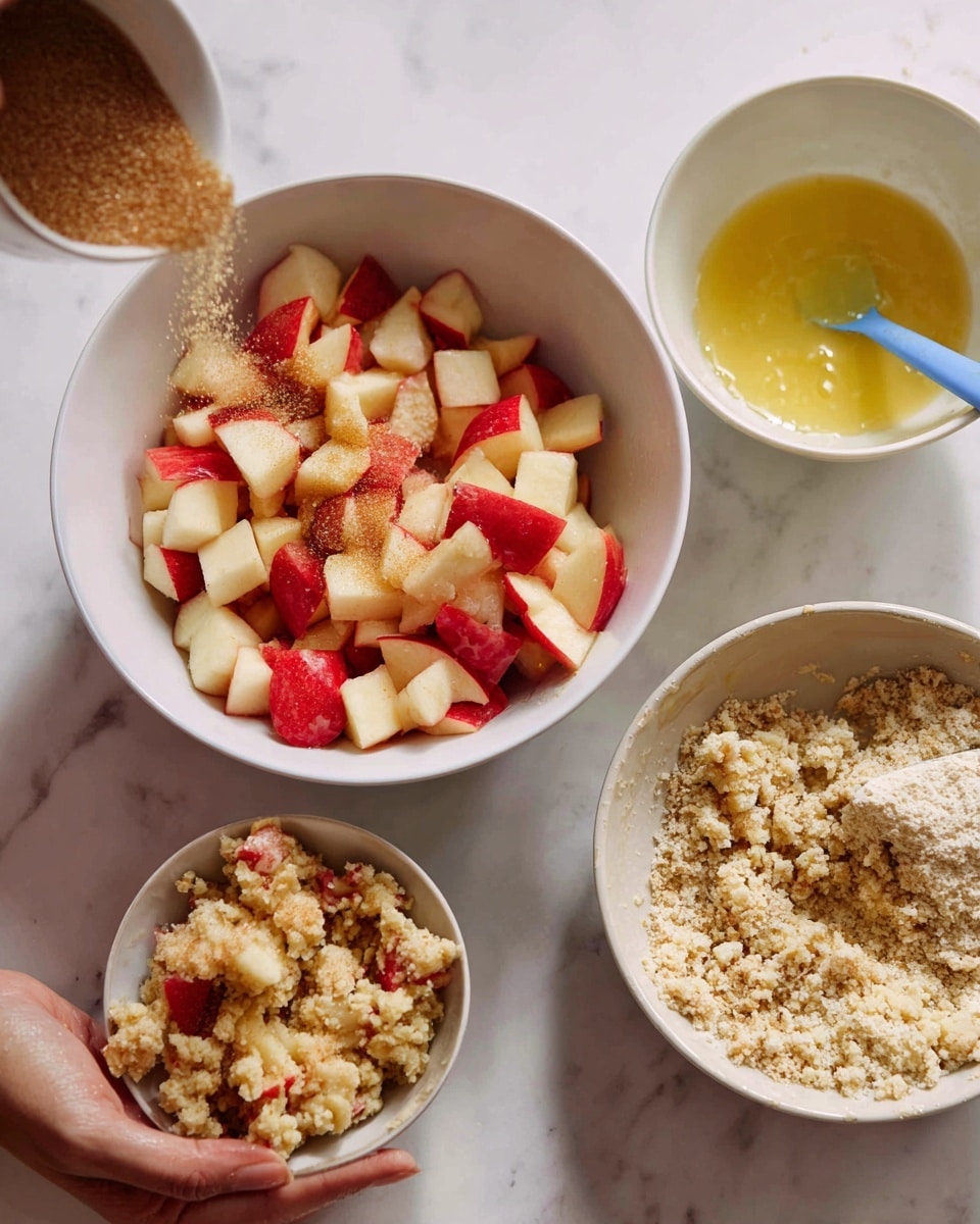 The images show a white bowl filled with chopped red and white apple pieces topped with light brown sugar being poured from a blue measuring spoon, sitting on a white marbled surface. Another white bowl contains a light yellow melted butter pouring into a heap of pale, crumbly dough mixed with oats. A woman’s hand grasps a handful of this crumbly dough, showing its texture up close. Finally, the crumbly dough is sprinkled over the apple pieces in a small white bowl, creating a layered look with the red and white fruit underneath and the crumbly topping above, all on a white marbled background. Photo taken with an iphone --ar 4:5 --v 7