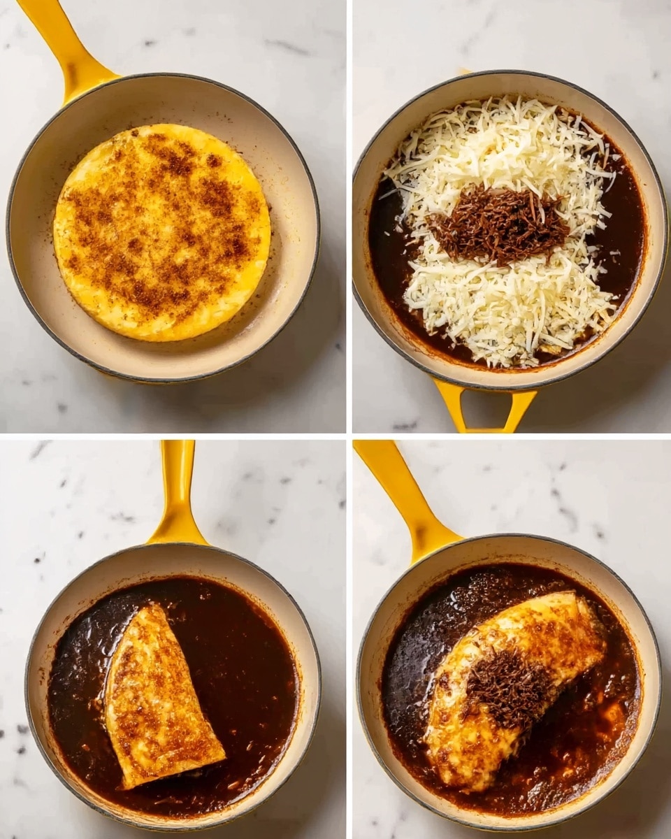 The image shows four steps of cooking in a yellow-handled pan on a white marbled surface. In the first step, a round yellow-colored base with browned seasoning sits in the center of the pan, surrounded by a dark brown oily sauce. The second step adds a pile of shredded white cheese on top of the yellow base, covering most of it. The third step shows the cheese melting slightly with some dark brown shredded meat placed in the middle of the cheesy layer, inside the sauce. The fourth step displays the mixture folded into a half-moon shape, browned and crispy on the outside, resting in the dark sauce inside the pan. Photo taken with an iphone --ar 4:5 --v 7
