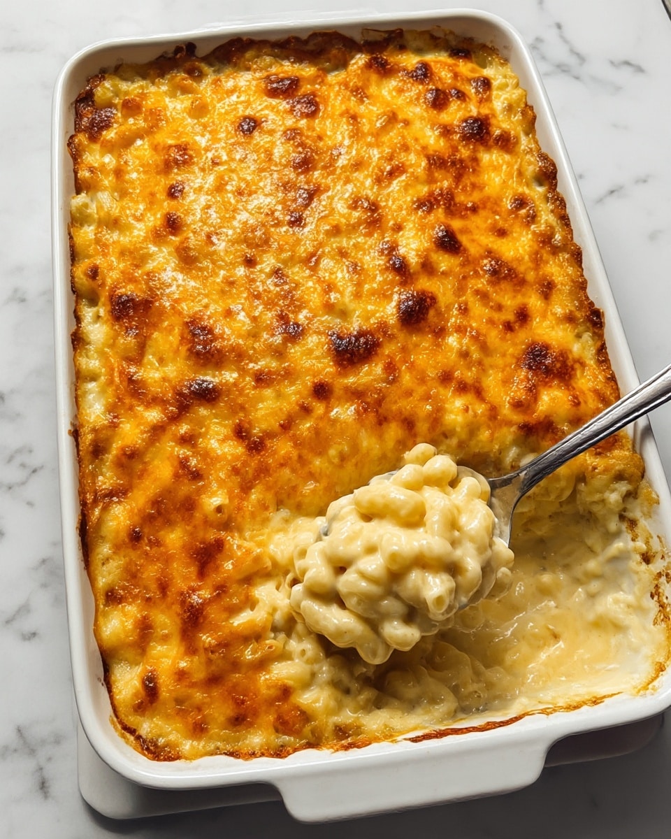 A white rectangular baking dish filled with creamy macaroni and cheese topped with a thick, golden-brown melted cheese layer that looks bubbly and slightly crispy. The cheese top layer has darker amber spots and covers the entire dish evenly. A spoon inside the dish scoops up a portion, showing soft macaroni pasta coated in a rich, smooth, light yellow cheese sauce beneath the crispy top. The dish is placed on a white marbled surface. photo taken with an iphone --ar 4:5 --v 7