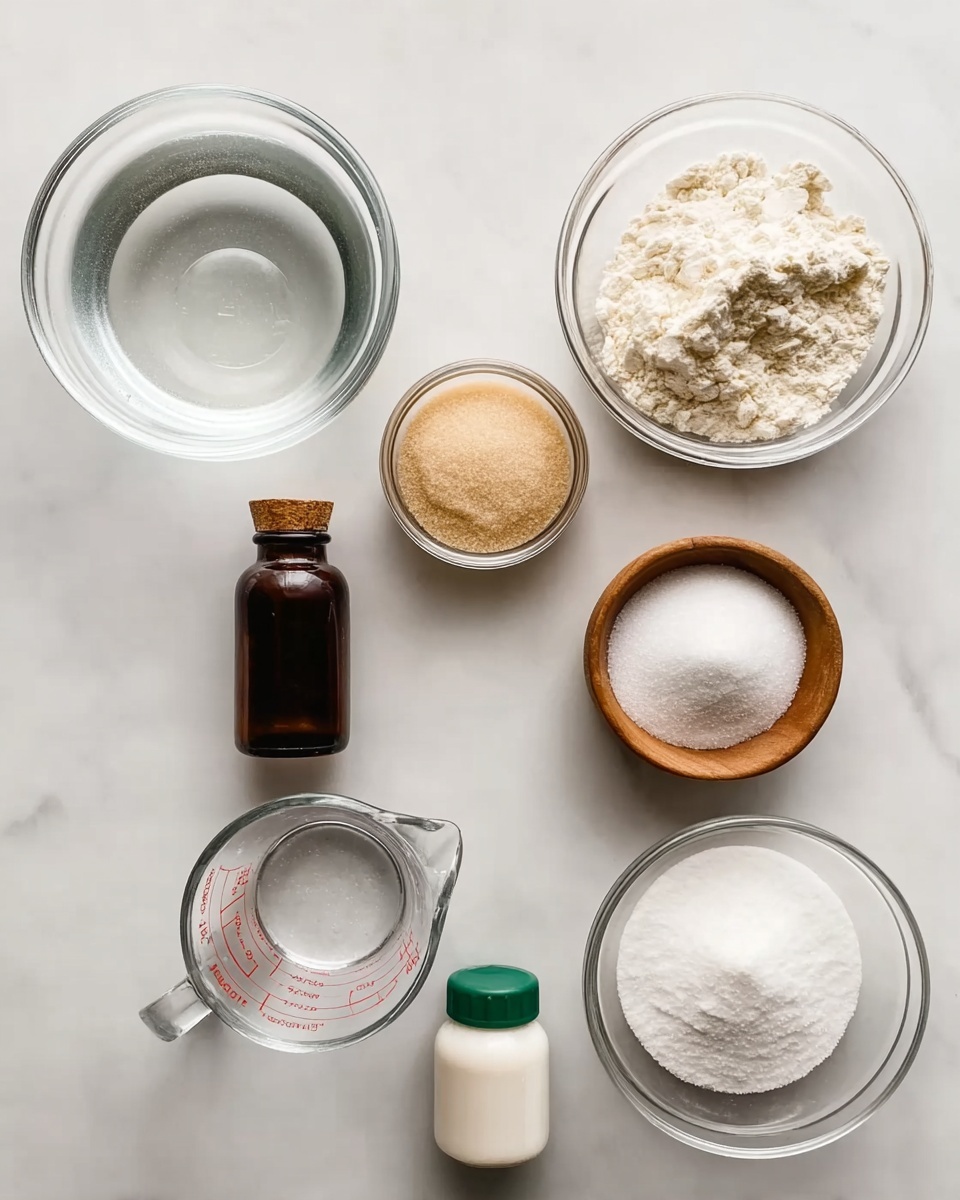 The image shows seven small bowls and bottles placed neatly on a white marbled surface. In the top row, there is a clear glass bowl with water on the left, and a clear glass bowl with white flour on the right. The middle row has a clear glass bowl with light brown sugar on the left, a small dark brown bottle in the center, and a small wooden bowl with salt on the right. In the bottom row, there is a clear glass measuring cup with liquid on the left and a clear glass bowl filled with white sugar on the right. In front of the bowls, a small white bottle with a green cap sits near the bottom center. All the containers are clear or neutral-toned, and the scene is bright and clean, viewed from above. Photo taken with an iphone --ar 4:5 --v 7