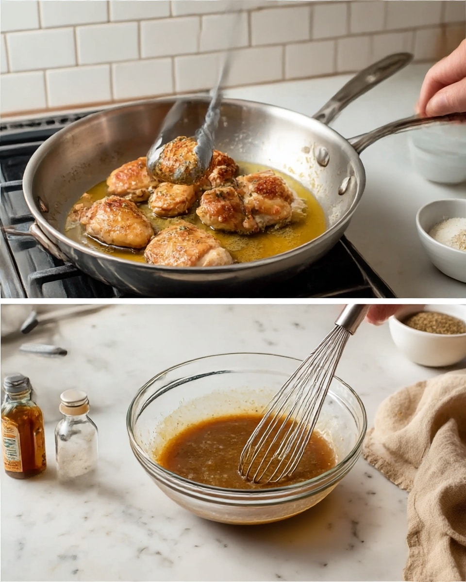 The left image shows five pieces of browned chicken cooking in a silver pan with oil. A woman's hand holds silver tongs, lifting one piece, while the pan sits on a stove with a tiled white wall behind. The right image shows a clear glass bowl on a white marbled surface, filled with a brown sauce being whisked by a silver whisk held by a woman's hand. In the background, there are two small bottles, a small bowl with dry ingredients, and a white bowl, with a beige linen cloth next to the bowl. Photo taken with an iphone --ar 4:5 --v 7