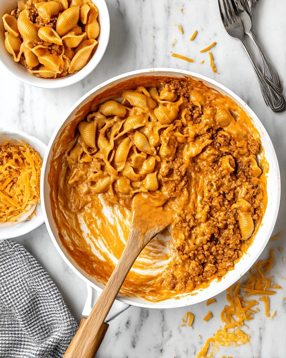 A white pan with a wooden handle and a flat wooden spoon inside shows half of the pan filled with shell-shaped pasta coated in an orange creamy sauce mixed with small pieces of ground meat. The sauce sticks to the pan on the right side, creating a textured spread in shades of orange and cream. Around the pan, there are two small white bowls filled with the same pasta dish. Thin strands of yellow cheese are scattered on a white marbled surface next to the pan. Two shiny silver forks lie near the top right corner on the white marbled surface, and a gray and white checkered cloth is partially visible at the bottom left photo taken with an iphone --ar 4:5 --v 7