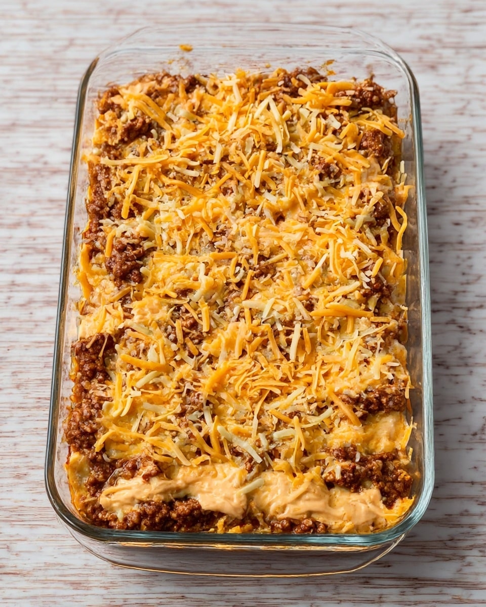 A clear rectangular glass baking dish with three visible layers: the bottom layer is a mix of a brown meat sauce with some textured chunks, the middle layer shows a creamy light orange cheese spread, and the top layer is a scattered mix of shredded pale yellow and orange cheese. The dish is placed on a white marbled surface. Photo taken with an iphone --ar 4:5 --v 7