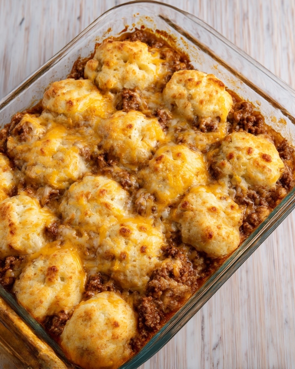 A glass baking dish filled with a layered casserole consisting of soft, round biscuit-like dough pieces that are golden brown on top. These dough pieces are topped with a layer of cooked ground beef mixed with melted yellow and white cheese, creating a textured, slightly oily surface with small browned spots, evenly spread over the biscuits. The dish sits on a white marbled surface. photo taken with an iphone --ar 4:5 --v 7