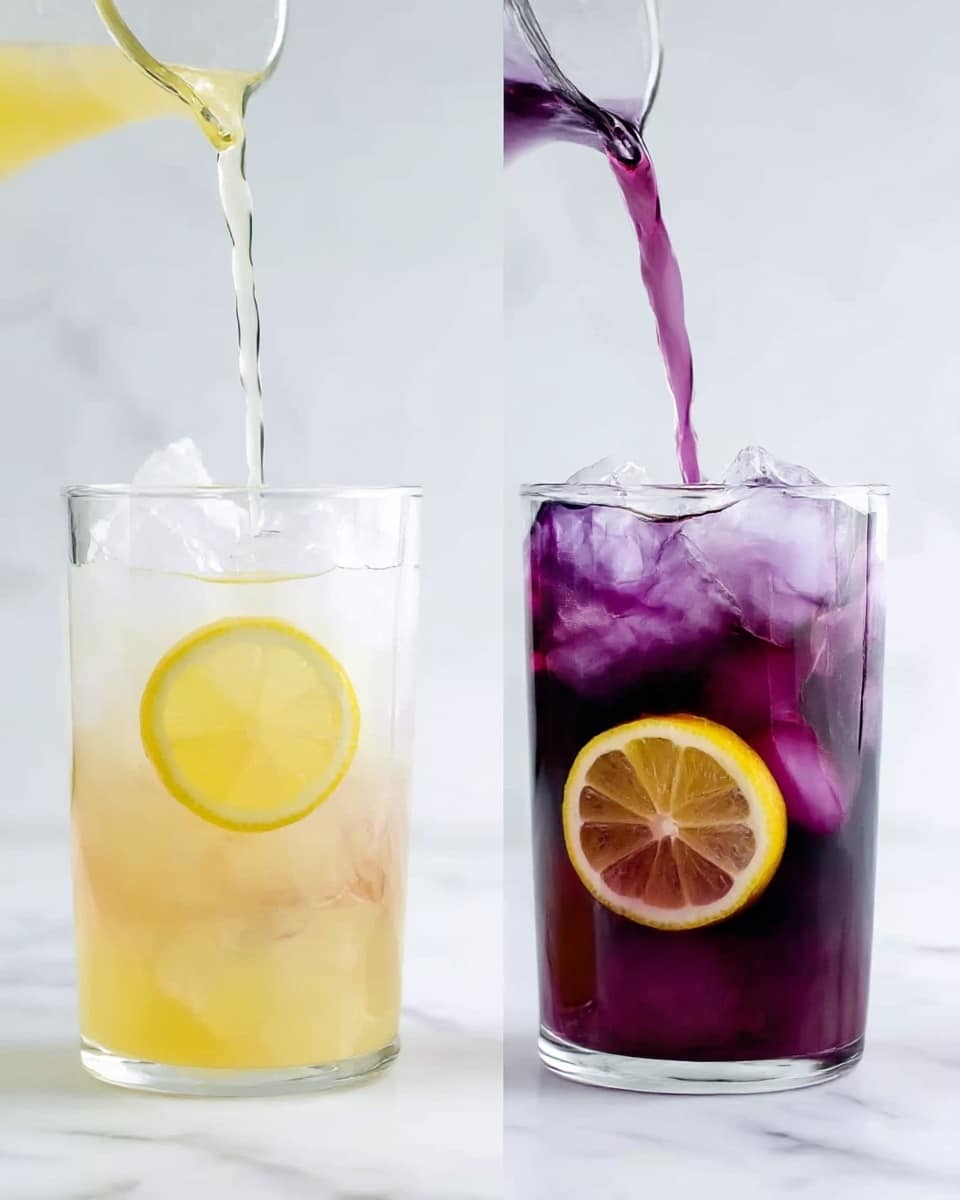 The image shows two clear glasses filled with ice cubes and two lemon slices each, placed against a white marbled surface. In the left glass, a light yellow liquid is being poured over ice, creating a fresh and bright look. The right glass shows a deep purple liquid being poured over the ice, creating a layered effect with the yellow liquid at the bottom and purple on top, blending slightly where they meet. Both glasses have two lemon slices placed vertically inside, visible through the clear glass. Photo taken with an iphone --ar 4:5 --v 7
