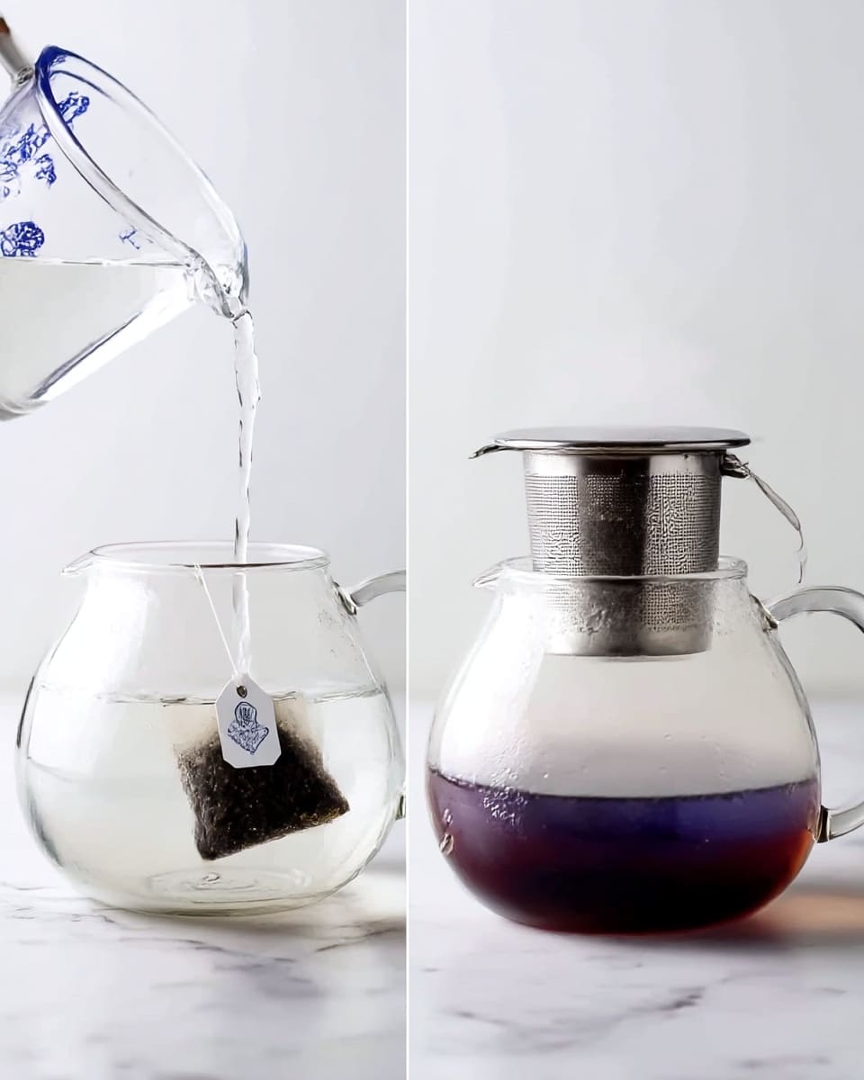 A clear glass teapot with a rounded shape and a small spout sits on a white marbled surface. In the first scene, water is being poured from a measuring cup into the teapot, where a dark tea bag with a white tag hangs inside. The teapot is empty except for the tea bag at the bottom. In the second scene, the teapot is filled with hot water, causing steam to form inside. The tea bag is now suspended by a metal infuser lid on top of the teapot, with condensation visible on the inside walls. The bottom of the teapot shows a dark purple tint from the tea steeping. Photo taken with an iphone --ar 4:5 --v 7