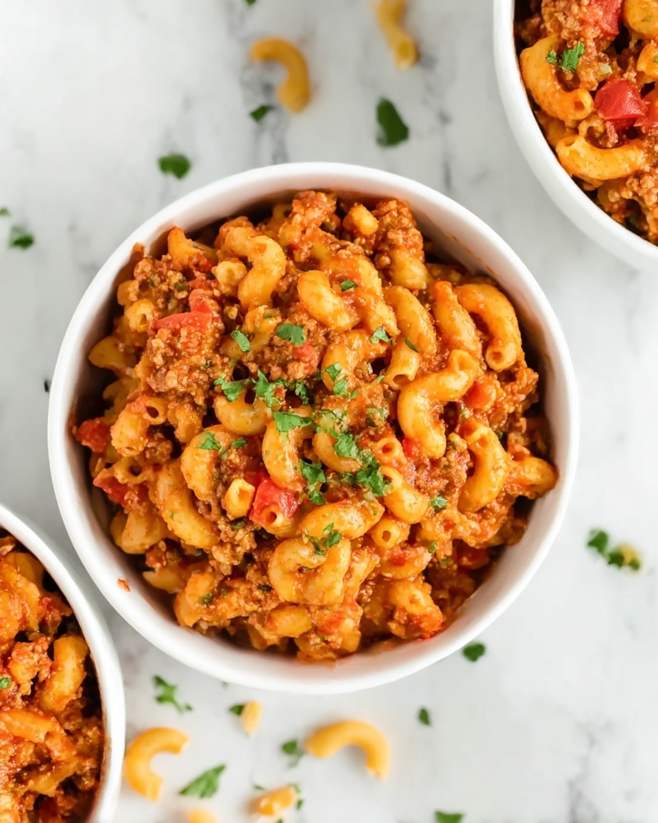 A close-up view of three white bowls filled with cooked elbow macaroni mixed with ground meat and diced tomatoes, showing a rich reddish-orange sauce coating the pasta and meat evenly. The main bowl in the center is topped with small chopped green herbs, offering a fresh contrast to the warm colors of the dish. Scattered around the bowls are bits of pasta and herbs on a white marbled surface. The texture looks soft and well-mixed, with each elbow macaroni piece visible and the sauce clinging nicely to the meat and pasta. photo taken with an iphone --ar 4:5 --v 7