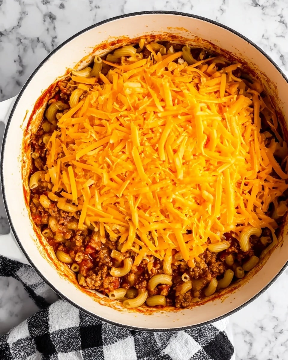 The image shows a white pot filled with three layers of food. The bottom layer is a mix of cooked pasta with ground meat in a reddish-brown sauce. On top of that, there is a thick layer of bright orange shredded cheese covering the pasta mixture almost completely. The pot sits on a white marbled surface with a black and white checkered cloth partially visible beneath it. Photo taken with an iphone --ar 4:5 --v 7