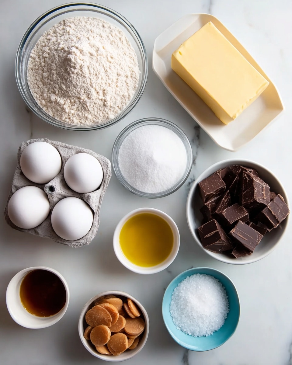 A top-down view of baking ingredients neatly arranged on a white marbled surface: a large clear glass bowl filled with white flour in the top left corner, next to a white butter dish holding a stick of pale yellow butter in the top right. Below the butter, a small white bowl filled with white granulated sugar, and next to that, a white bowl with several pieces of dark chocolate chunks. Near the bottom left corner, a gray egg carton holding three white eggs. In front of the eggs, a small clear bowl filled with caramel-colored drops or chips. Two small white pouring bowls with liquids, one dark brown vanilla extract and the other light golden syrup, are placed near the center. Also visible are two small bowls with white salts or powders, one clear glass and one light blue ceramic. The layout is clean and organized, with soft natural light. photo taken with an iphone --ar 4:5 --v 7