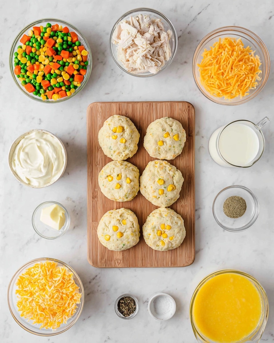 A wooden board holds eight round biscuit dough pieces, each dotted with small yellow corn bits arranged in two rows of four. Surrounding the board on a white marbled surface are clear glass bowls containing various ingredients: a colorful mix of yellow corn, green peas, diced orange carrots, and green beans in the top left; shredded white chicken pieces in the top center; shredded bright orange cheese in the top right; a glass of white milk on the right side; minced garlic below the milk; a large bowl of yellow egg mixture near the bottom right; melted butter in a small bowl at the bottom center; black pepper and salt in a tiny bowl at the bottom left; garlic powder in a small bowl just above the salt and pepper; and a bowl of white sour cream to the left. The scene is bright and clean, with natural light. photo taken with an iphone --ar 4:5 --v 7