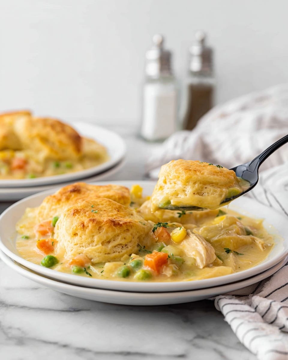 A white plate holds a creamy dish with three large, soft biscuit pieces on top, golden brown and slightly crispy on the outside. Beneath the biscuits is a thick, pale yellow sauce with visible chunks of orange carrots, green peas, and pieces of tender chicken, giving the dish a rich and comforting look. A black spoon is lifting a biscuit piece with sauce and vegetables, showing the creamy texture clearly. The plate sits on a white marbled surface, and behind it, there are blurred salt and pepper shakers and a striped white cloth napkin nearby. Photo taken with an iphone --ar 4:5 --v 7