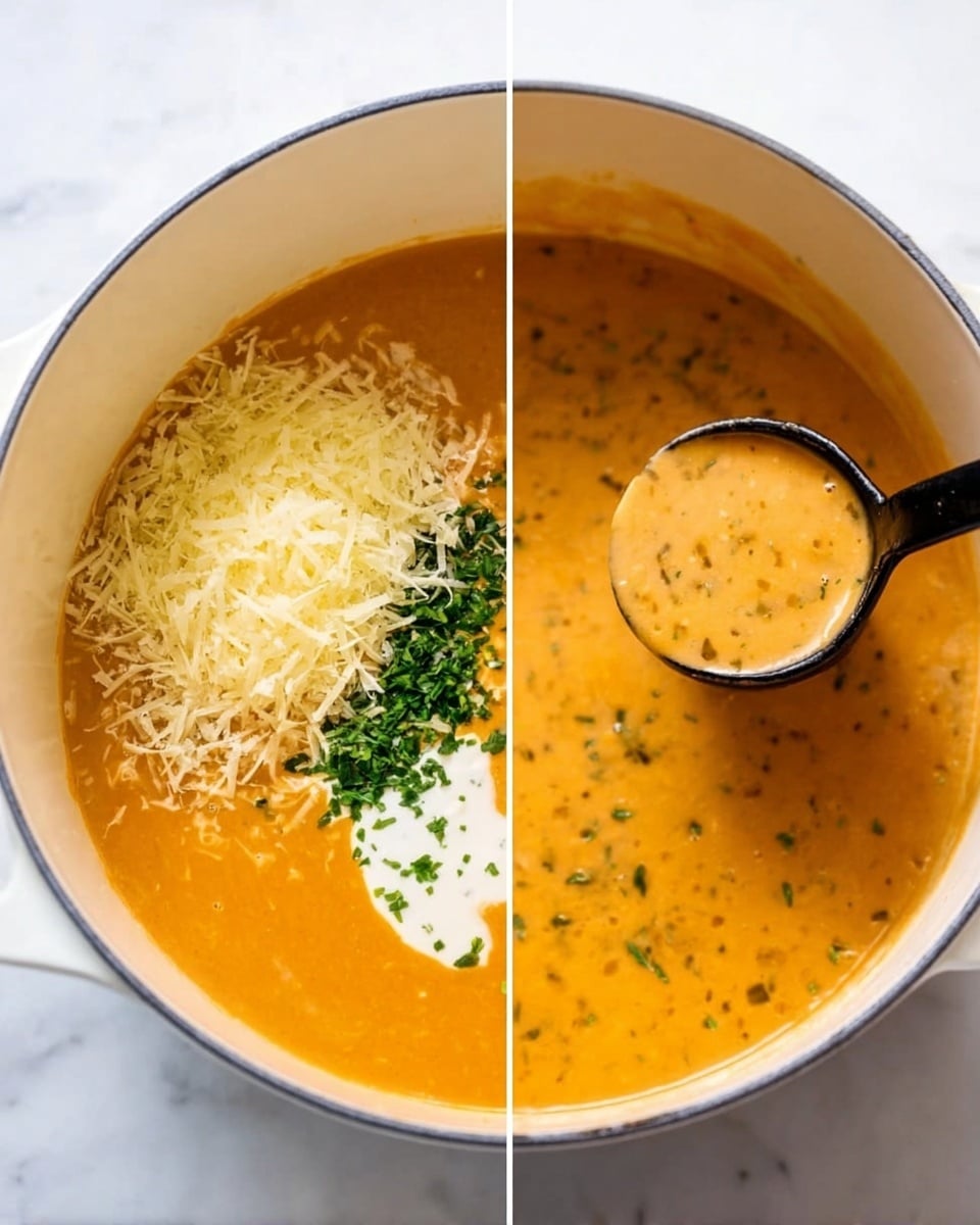A white pot filled with an orange creamy soup is shown from above on a white marbled surface. On the left side of the pot, there are three separate layers on top of the soup: a grated light yellow cheese pile, a small white creamy swirl, and chopped green herbs next to the cheese. On the right side, the soup is smooth with some green herbs spread inside. A black ladle is lifting some soup on the right side showing the thick texture and small visible bits of herbs. Photo taken with an iphone --ar 4:5 --v 7